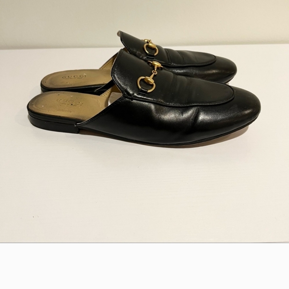 Gucci - Princetown Black and Gold Leather Loafers Mules Size 40 - Picture 3 of 8